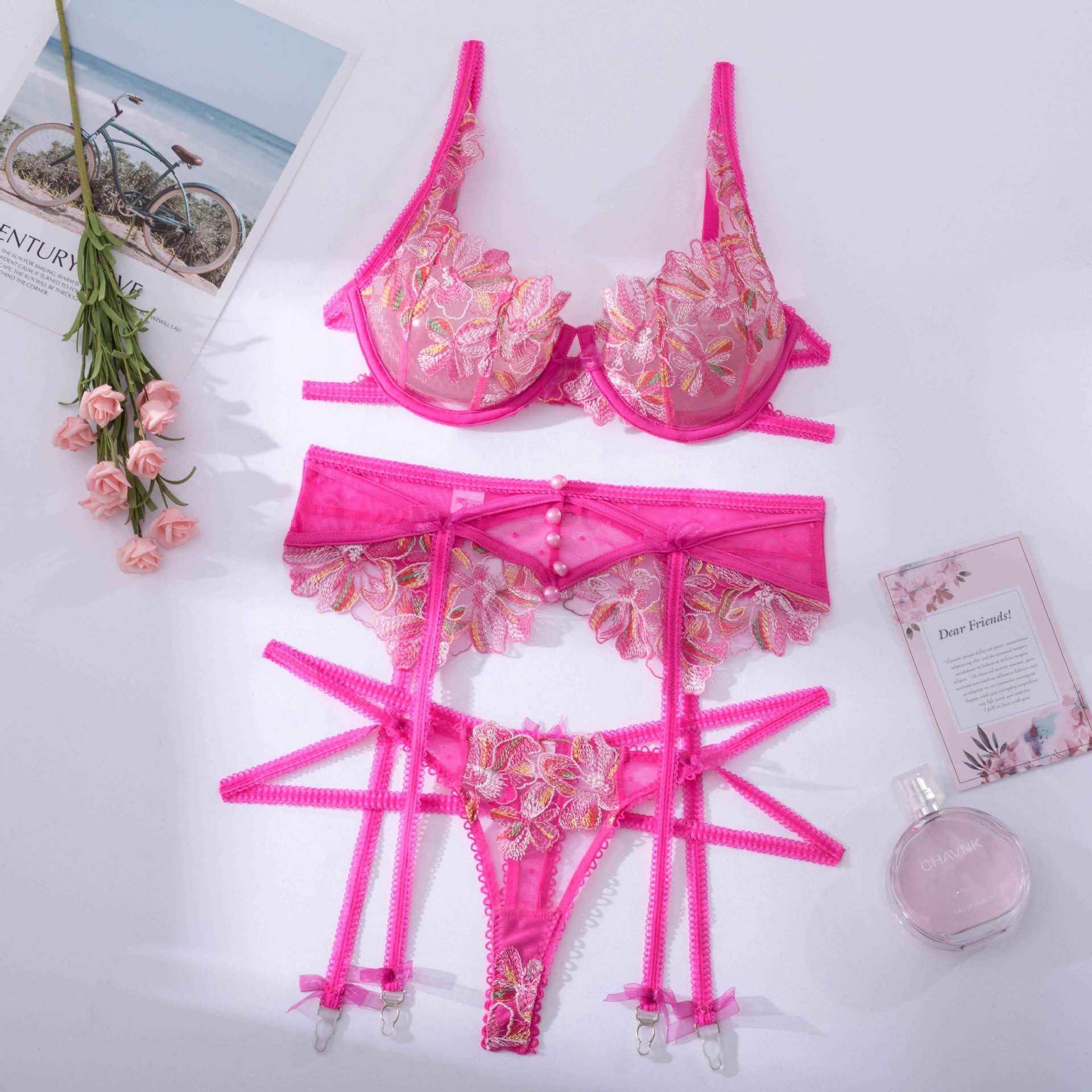 طقم لانجري دانتيل زهري وردي، ح - مراجعة Sheer Mesh Bra وسعره
